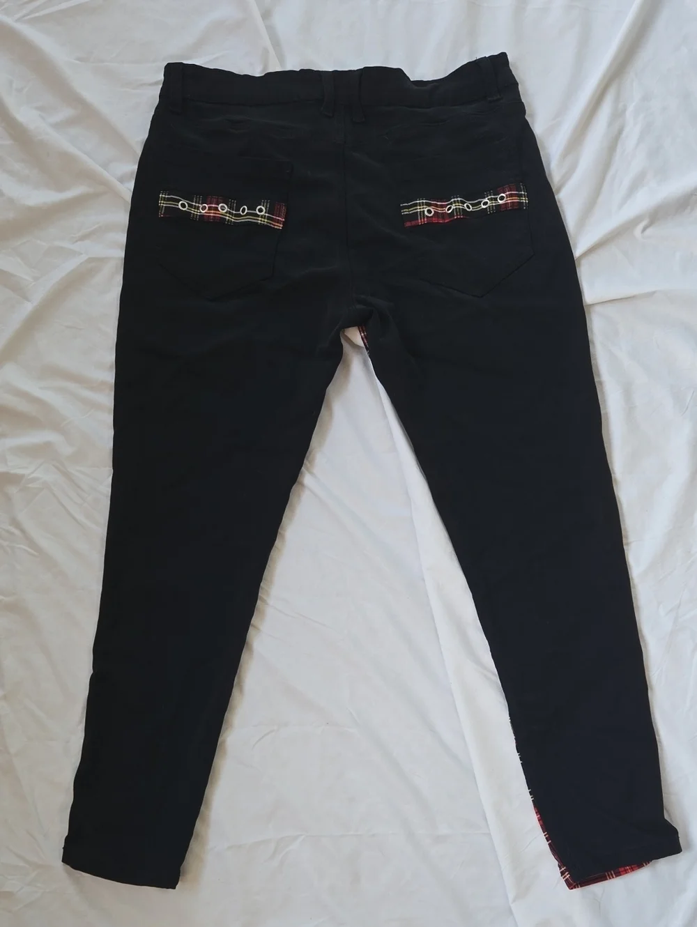 Men's Black Punk Rock Style Jeans With Zippers & Red Squared Patterns In Areas - Picture 9 of 9